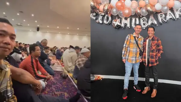 Warga Cicurug Sukabumi Yudi Muhammad Rizki (kiri) bersama temannya saat menunaikan salat Idulfitri di Sydney Australia. (Sumber Foto: Istimewa)