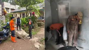 Sihabudin (berbaju oranye) bersama perangkat desa hingga Koramil saat mengecek langsung lokasi terdampak pergerakan tanah di Kampung Cijambe, Bantargadung Sukabumi. (Sumber Foto: P2BK Bantargadung)