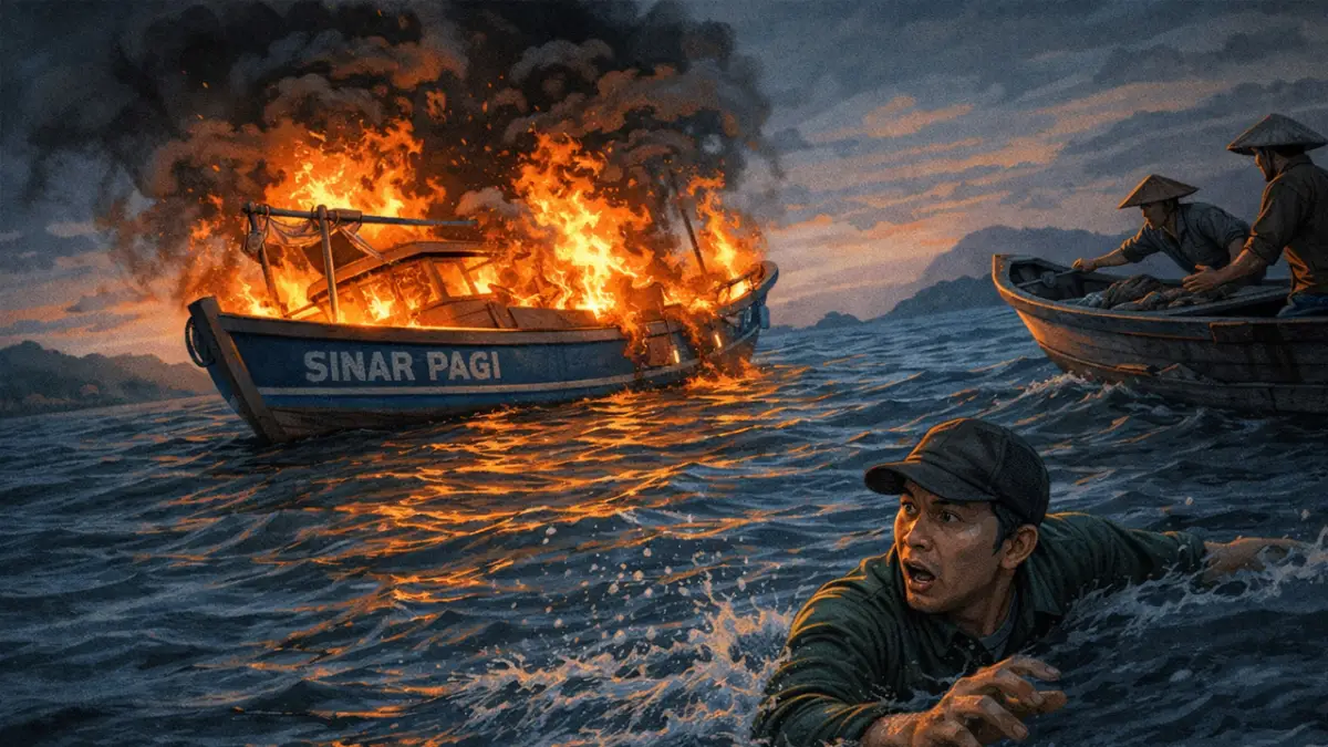 Perahu Nelayan Terbakar di Perairan Pangumbahan, Korban Selamat Lompat ke Laut