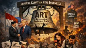 Ilustrasi kerjasama Prabowo dengan Pemerintah Amerika yang dianggap dapat membunuh Pers Indonesia. (Sumber: Ilustrasi AI)