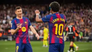 Selebrasi Lamine Yamal dan Lewandowski setelah berhasil menang atas Villareal di La Liga (Sumber: web/fcbarcelona.com)