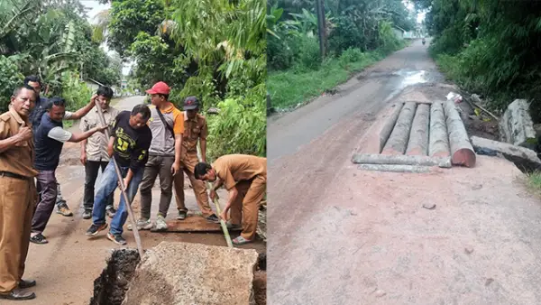 Ruas jalan Ciracap–Ujunggenteng yang amblas di Kampung Jaringao, Desa Pangumbahan, Kecamatan Ciracap, Kabupaten Sukabumi. (Sumber : UPTD PU Ciemas).