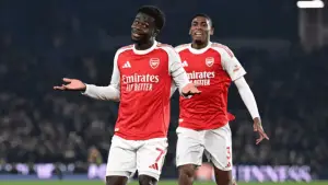 Selebrasi Bukayo Saka setelah mencetak gol ke gawang Brighton (Sumber: web/arsenal.com)