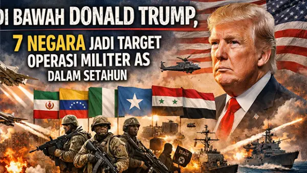 Ilustrasi - Donald Trump dan Jejak Operasi Militer AS di 7 Negara dalam Setahun. (Sumber : AI/ChatGPT).