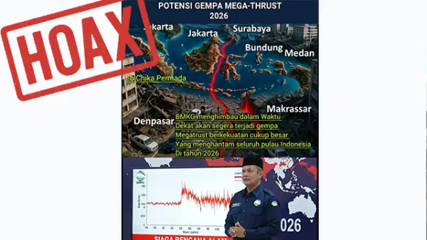 Informasi yang menyebut BMKG memprediksi gempa megathrust akan terjadi di Indonesia pada tahun 2026 dalam waktu dekat. (Sumber : Facebook).
