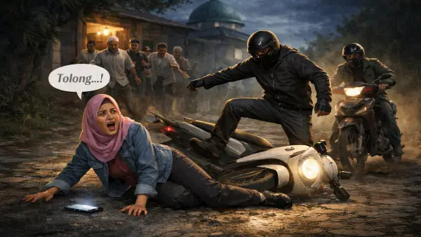 Ilustrasi saat dugaan pembagalan terjadi kepada IRT di Jalan Desa Palasari Hilir, Kecamatan PArungkuda, Sukabumi. Jumat (6/3/2026) dini hari. (Sumber: Ilustrasi AI)