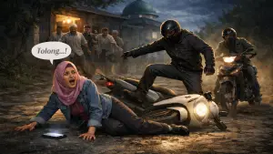 Ilustrasi saat dugaan pembagalan terjadi kepada IRT di Jalan Desa Palasari Hilir, Kecamatan PArungkuda, Sukabumi. Jumat (6/3/2026) dini hari. (Sumber: Ilustrasi AI)