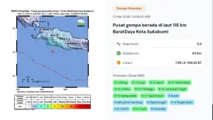 Parameter gempa guncang Sukabumi, Jumat 13 Maret 2026 pukul 02.18 WIB (Sumber: Bmkg)
