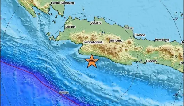 Episenter gempa di laut selatan Sukabumi, 13 Maret 2026 pukul 02.18 WIB (Sumber: EMSC)