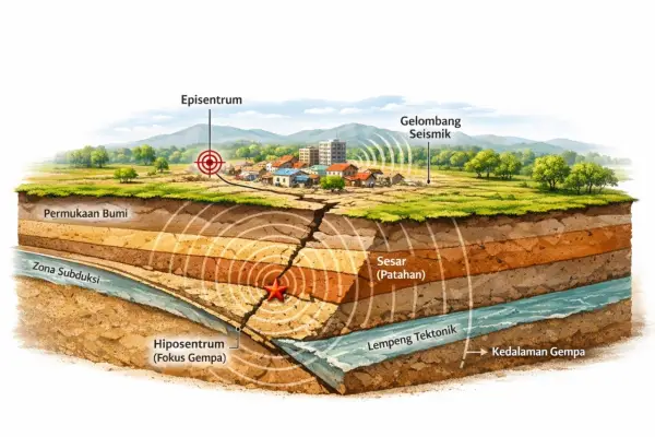 Ilustrasi - proses terjadinya gempa bumi (Sumber : AI chatGPT)