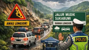 Ilustrasi peringatan rawan longsor di jalur mudik Sukabumi. (Sumber: Ilustrasi AI)
