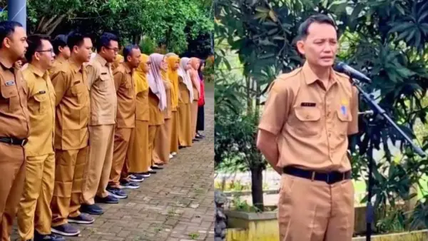 Sekretaris Bapperida Kabupaten Sukabumi, Yuki Ramdan (kanan) saat memimpin apel pagi di bulan Ramadan, Senin (9/3/2026). (Sumber : IG Bapperida Kabupaten Sukabumi)