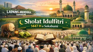 Ilustrasi pelasanaan Sholat Idulfitri di berbagai lokasi di Kota dan Kabupaten Sukabumi pada Sabtu (21/3/2026). (Sumber: Ilustrasi AI)