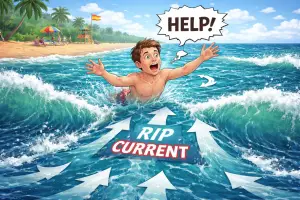 Ilustrasi - Orang terseret Rip Current saat berenang di pantai (Sumber : AI chatGPT)