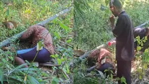 Warga setempat sesaat sebelum melakukan evakuasi terhadap jasad korban yang terlihat tertimpa pohon bambu. (Sumber: Istimewa)