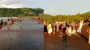 Potret kepadatan wisatawan di pantai Palangpang Desa Ciwaru  Kecamatan Ciemas, Kabupaten Sukabumi. (Sumber: Istimewa)