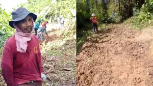 Warga saat melakukan gotong royong perbaiki jalan ruas Cibugel - Bangbayang, Kecamatan Tegalbuleud, Kabupaten Sukabumi | Foto : Ragil Gilang