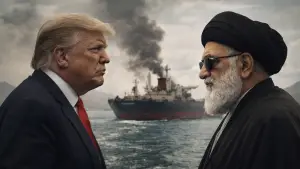 Ilustrasi Donald Trump saat berhadapan dengan Mojtaba Khamenei. (Sumber: Ilustrasi AI)