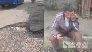 Pemotor terjatuh akibat jalan rusak di ciaul pasir Kota Sukabumi (Sumber: warga)