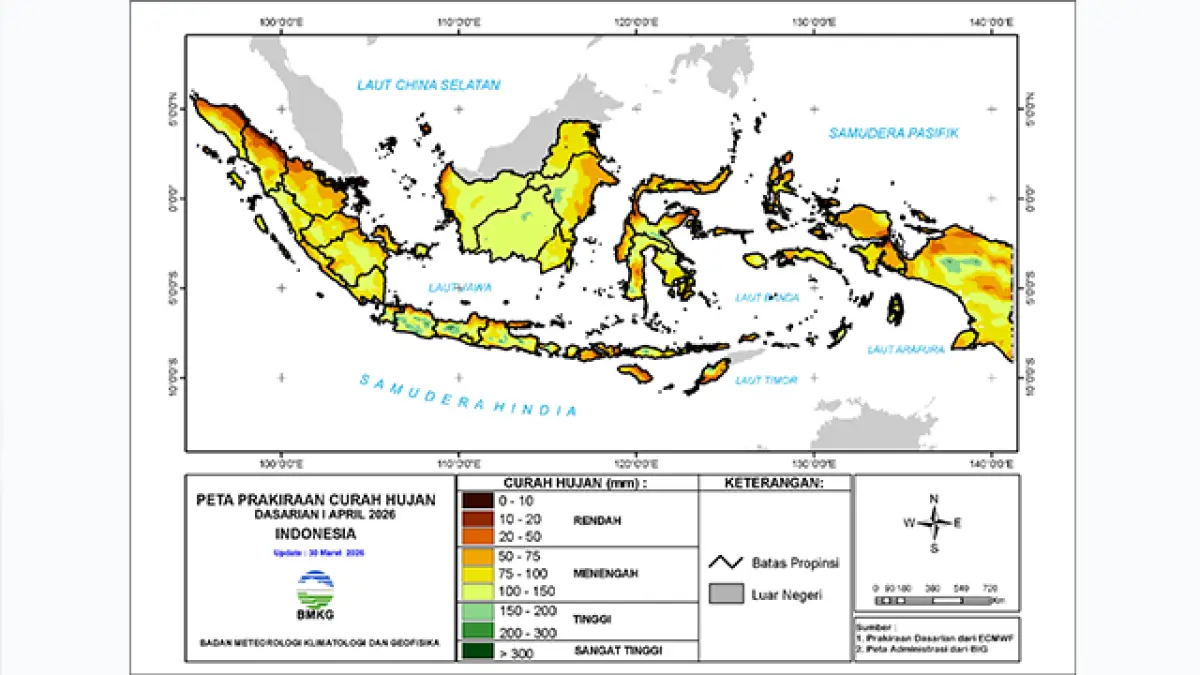 Badan Meteorologi, Klimatologi, dan Geofisika (BMKG) merilis prediksi curah hujan kumulatif dasarian untuk periode Dasarian I April 2026. | BMKG