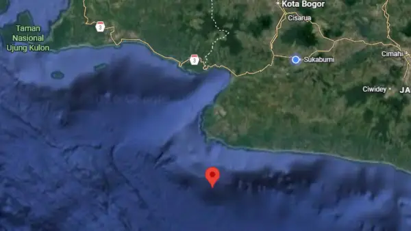 Titik gempa M4,5 di laut selatan Sukabumi, Kamis 2 April 2026 (Sumber: googlemaps)