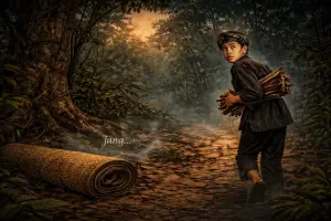 Ilustrasi - Sing Puriding Cerpen Sunda: Sandekala di Leuweung Hideung, Bagian ka 1 (Sumber : AI chatGPT)