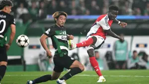 Aksi Bukayo Saka saat Arsenal menghadapi Sporting Lisbon di Liga Champions (Sumber: web/arsenal.com)