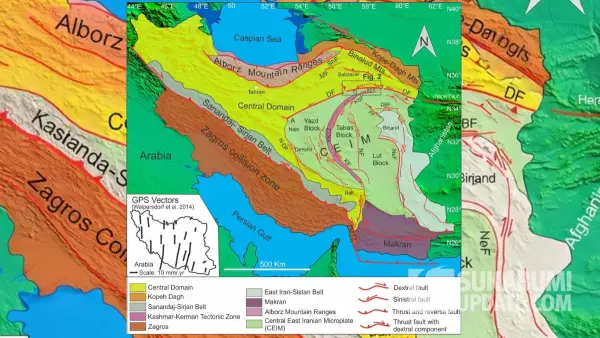 Peta patahan aktiif atau sesar pemicu gempa di Iran (Sumber: dok daryono)