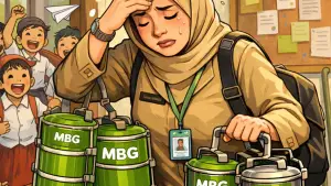 Ilustrasi AI. Guru tolak urus MBG karena capek kena fitnah ortu murid (Sumber: copilot)