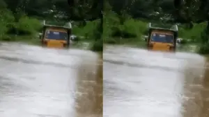 Mobil truk pengangkut sekam yang terlihat terjebak di tengah kepungan banjir di Kecamatan Ciemas, Sukabumi. Kamis (9/4/2026). (Sumber: Dok Warga)