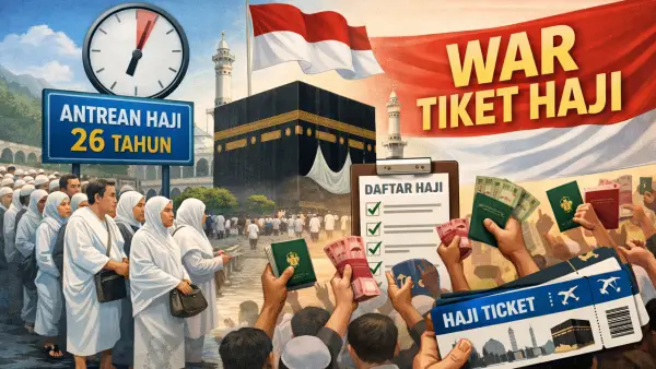 Ilustrasi wacana war tiket haji oleh Kemenhaj. (Sumber: Ilustrasi AI)