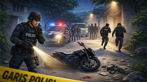 Ilustrasi - Polisi buru terduga pelaku lainnya yang terlibat di kasus begal Pasir Angin Sukabumi. (Sumber : AI/ChatGPT).