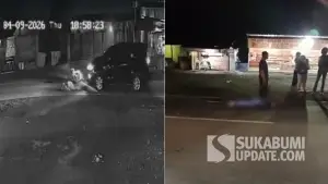 Rekaman CCTV detik-detik kecelakaan yang melibatkan pemotor dan mobil Toyota Innova Hitam di Parungkuda Sukabumi, Kamis malam (9/4/2026). (Sumber Foto: Istimewa)