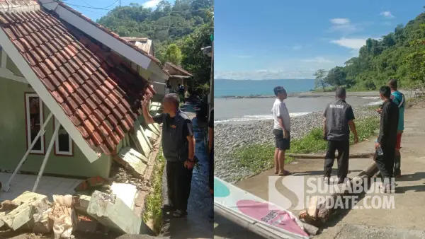 Camat Cisolok Sukabumi Okih Fajri bersama warga meninjau kerusakan rumah akibat banjir di Desa Cisolok serta memantau proses pencarian mobil yang hanyut hingga ke laut, Senin (13/4/2026). (Sumber Foto: Dok. Pemcam Cisolok)