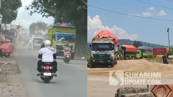 Aktivitas truk pengangkut material proyek Tol Bocimi Seksi 3 melintas di wilayah Cibadak, Kabupaten Sukabumi, menimbulkan debu tebal, Senin (13/4/2026). (Sumber Foto: SU/Ibnu)