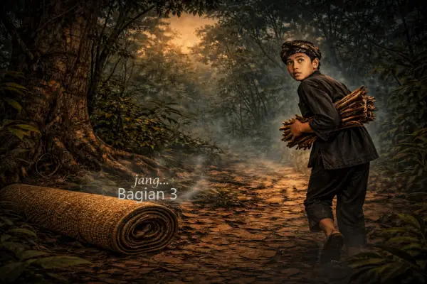 Ilustrasi - Sing Puriding Cerpen Sunda “Sandekala di Leuweung Hideung” Bagian ka 3 (Sumber : AI chatGPT)