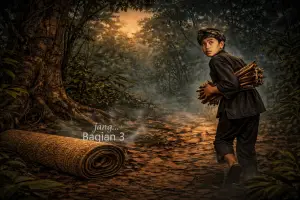 Ilustrasi - Sing Puriding Cerpen Sunda “Sandekala di Leuweung Hideung” Bagian ka 3 (Sumber : AI chatGPT)