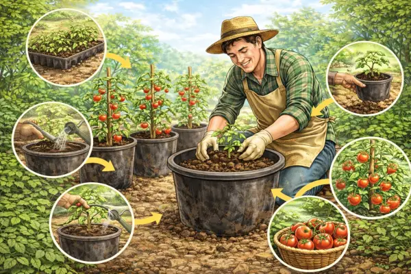 Ilustrasi - cara mudah dan praktis menanam tomat di polybag (Sumber : AI chatGPT)