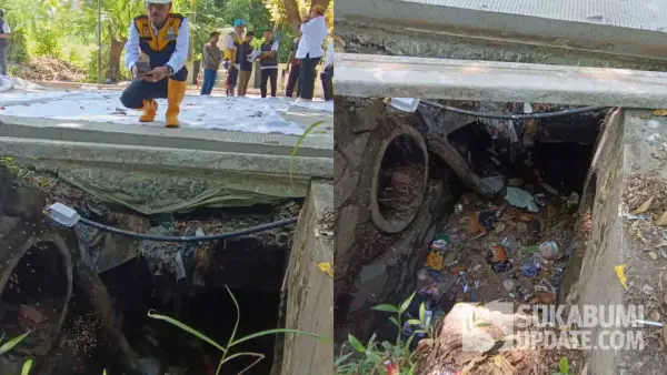 Kadis PU Kabupaten Sukabumi Uus Pirdaus saat menemukan kondisi drainase yang dipenuhi sampah di lokasi proyek betonisasi Jalan Ahmad Yani, Palabuhanratu, Rabu (15/4/2026). (Sumber Foto: SU/Ilyas)