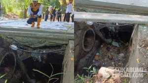 Kadis PU Kabupaten Sukabumi Uus Pirdaus saat menemukan kondisi drainase yang dipenuhi sampah di lokasi proyek betonisasi Jalan Ahmad Yani, Palabuhanratu, Rabu (15/4/2026). (Sumber Foto: SU/Ilyas)