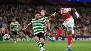 Aksi Madueke saat membela Arsenal menghadapi Sporting Lisbon di leg kedua perempat final Liga Champions (Sumber: web/arsenal.com)