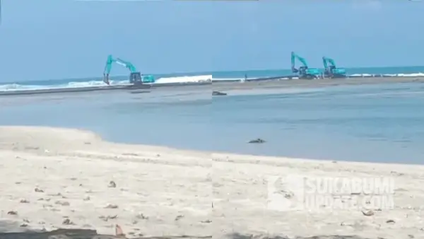 Tangkapan layar video viral memperlihatkan aktivitas tiga unit ekskavator di pesisir Pantai Minajaya, Desa Buniwangi, Kecamatan Surade, Kabupaten Sukabumi. (Sumber Foto: Istimewa)