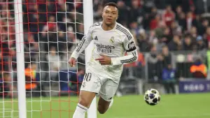 Reaksi Kylian Mbappe setelah cetak gol ke gawang Bayern Munchen saat membela Real Madrid (Sumber: web/en.as.com)