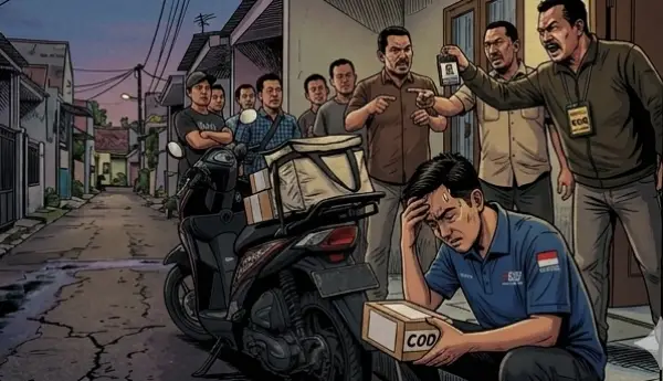 Ilustrasi kurir paket di Parungkuda Sukabumi diintimidasi dan diancam UU ITE oleh oknum gegara COD. Begini duduk perkaranya (Sumber Foto: Ilustrasi/AI)