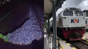 Penampakan jalur rel KA Siliwangi yang amblas. (Sumber : Istimewa)