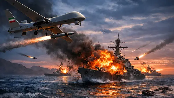 Ilustrasi - Iran kirim drone serang kapal milik AS pada Minggu 19 April 2026. (Sumber : AI/ChatGPT).