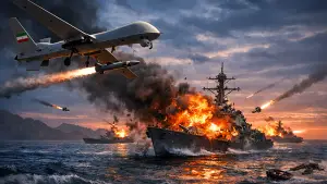 Ilustrasi - Iran kirim drone serang kapal milik AS pada Minggu 19 April 2026. (Sumber : AI/ChatGPT).