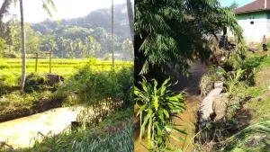 Kondisi jembatan gantung dan TPT yang terdampak banjir luapan Sungai Cimapag di Bantaragung Jampangtengah Sukabumi. (Sumber Foto: P2BK Jampangtengah)