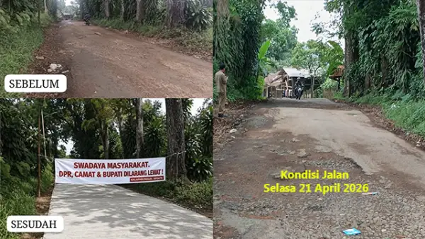 Foto perbandingan kondisi jalan yang beredar di media sosial dipastikan tidak sesuai fakta di lapangan oleh pihak kecamatan. (Sumber : Istimewa.).
