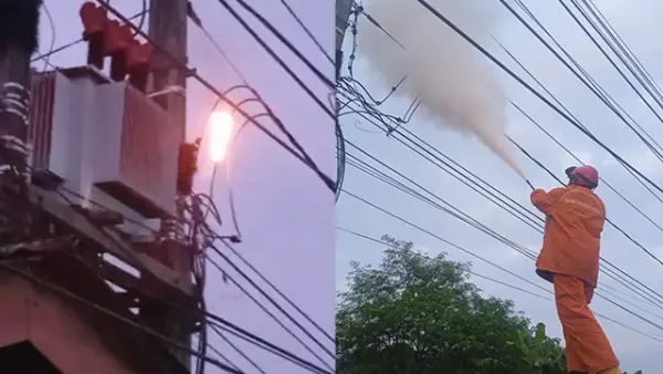 Petugas pemadam kebakaran Kabupaten Sukabumi, Posko VIII Cikembar saat sedang memadam api di Gardu Listrik. (Sumber : Istimewa.).